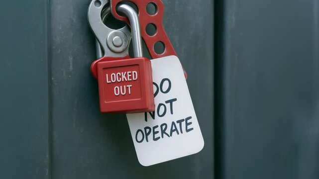 Locked out lock tag out do not operate safety locked out lock tagout do not operate safety accident prevention padlock red metal industrial hazard
