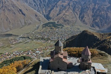Aerial view of the Gergeti Trinity Church in Georgia
