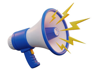 Naklejka premium Loud megaphone broadcasting announcement with yellow lightning bolts symbolizing power isolated on transparent background