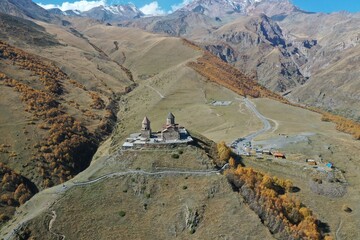 Aerial view of the Gergeti Trinity Church in Georgia