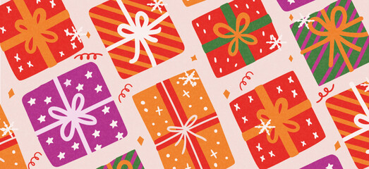 Merry Christmas and Happy New Year greeting card or banner. A modern, beautiful Christmas design with typography and gifts. Art poster, cover, and decor templates.