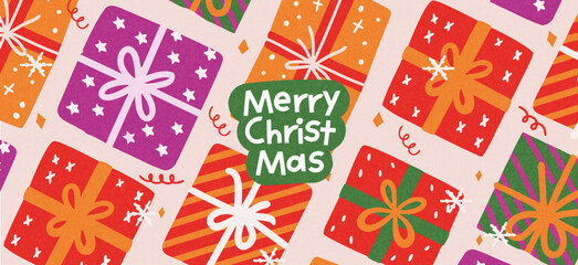 Merry Christmas and Happy New Year greeting card or banner. A modern, beautiful Christmas design with typography and gifts. Art poster, cover, and decor templates.