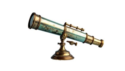 Vintage brass telescope, aimed at the cosmos, isolated on black background