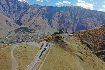 Aerial view of the Gergeti Trinity Church in Georgia