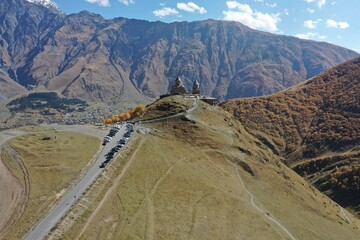 Gergeti Trinity Church in Georgia from the air