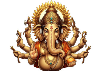 Majestic multi-armed ganesha deity radiating golden light and divine energy isolated on transparent background