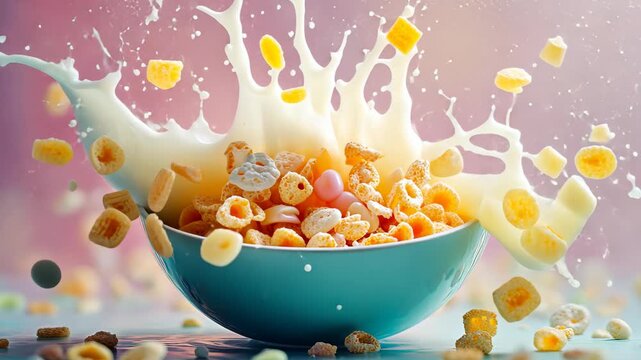 Vibrant cereal splashing sequence with milk and cornflakes in motion