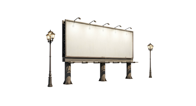 Empty Outdoor Billboard with Vintage Street Lamps in Night Setting