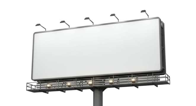 Large White Blank Billboard with Lighting and Support Structure on Transparent Background