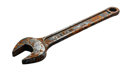 Old, rusty open-end wrench on black. Tools, repair, metal, hardware concept