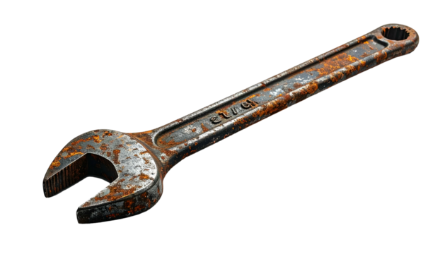 Old, rusty open-end wrench on black. Tools, repair, metal, hardware concept