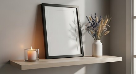 Fototapeta premium Minimalist Interior with Framed Picture, Candle, and Dried Flowers on Shelf