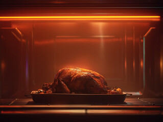 Roast chicken under warm neon orange lighting