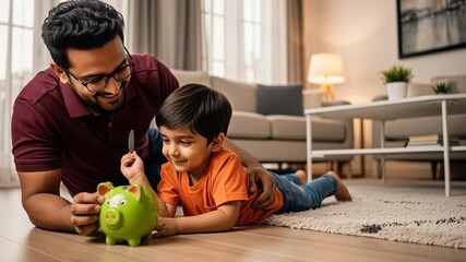 father and son putting coin in piggy bank  - Powered by Adobe