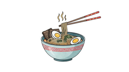 Delicious Steaming Japanese Ramen Bowl Illustration with Noodles, Egg, and Meat Ready to Eat with Chopsticks