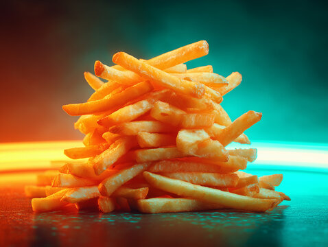 Stack of crispy french fries glowing with orange and teal neon lights - Powered by Adobe