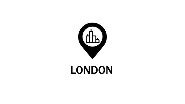 London location pin icon with skyline silhouette and text on white background Keywords: London, UK, city, location, pin, icon, map, marker, destination, travel, tourism, urban, skyline