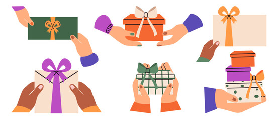 set of hands gives xmas gift boxes to another hands. Christmas present decorated with bow. shares presents. Festive Vector illustration