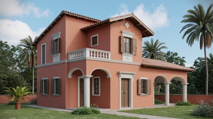 Mediterranean style house exterior design with terracotta color scheme and tropical landscaping design