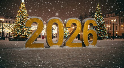 Golden 2026 numbers in foreground with Christmas tree lights bokeh in a snowy winter night for New Year celebration.