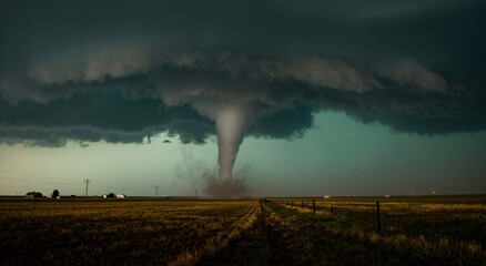 Large powerful tornado touches down in a rural field with a dark, dramatic sky. Extreme weather event and hurricane climate change concept.