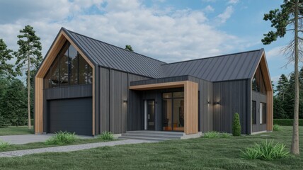 Modern farmhouse exterior design showcasing dark siding metal roof and gable windows architecture style home trend 2024