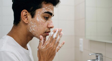 Young man with acne washing his face in the bathroom. Daily skincare routine for clear skin. Teenager experiencing problem skin due to puberty.
