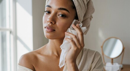 Woman applying ice cube beauty treatment on her cheek. Facial skin care ritual at home. Cryotherapy for healthy skin.