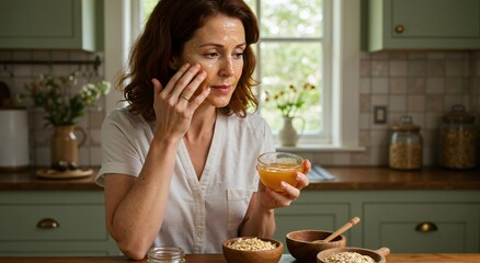 Woman applying natural honey and oat face mask at home. DIY organic skincare for beauty and wellness. Self-care ritual concept.