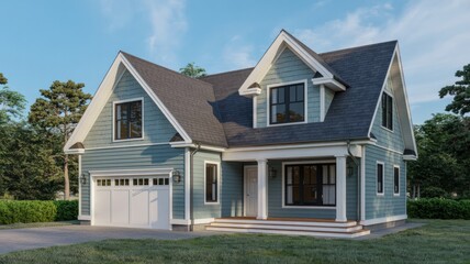 Find your dream home blue siding house exterior design with garage and front porch curb appeal style