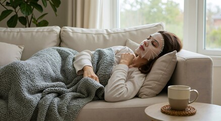 Woman relaxing on couch with sheet facial mask. Skincare routine for beauty and wellness. Home spa treatment for self care.