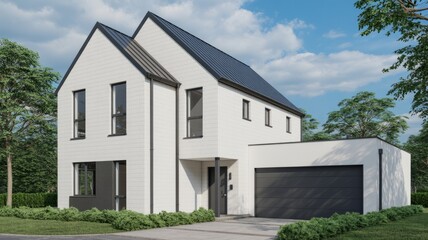 Modern white house exterior design rendering with black roof and garage door for real estate listing