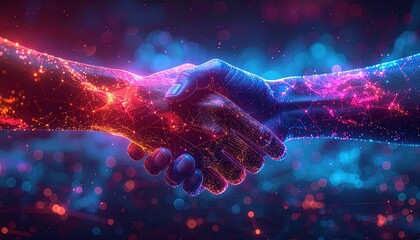 Handshake in digital futuristic style. The concept of partnership