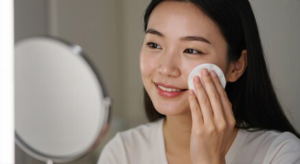 A young asian woman cleaning her face with a cotton pad in a bathroom mirror. D skin care routine for beauty.