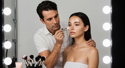 Man makeup artist applying foundation on woman face. Skincare product and beautician work. Beauty salon concept for client.