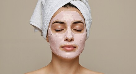 Young woman with eyes closed and white towel on head, wearing pink face mask. Skincare routine for beauty and wellness.