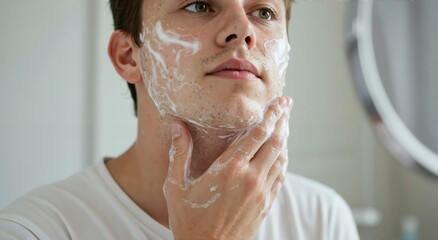 Young man applying facial cleanser foam or shaving cream on his face. Daily male grooming routine and skincare concept for men.