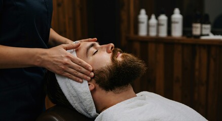 Woman barber applying hot towel to man customer face with beard. Male facial treatment at barbershop. Tradition shave preparation.