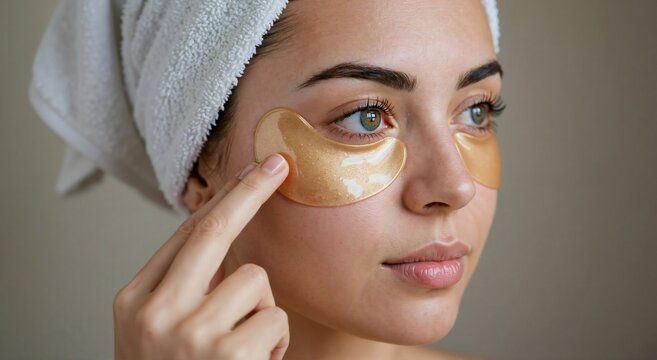 Young caucasian woman applying gold collagen under eye patch. Daily beauty routine for skin care and anti aging treatment. Hydrogel mask concept.