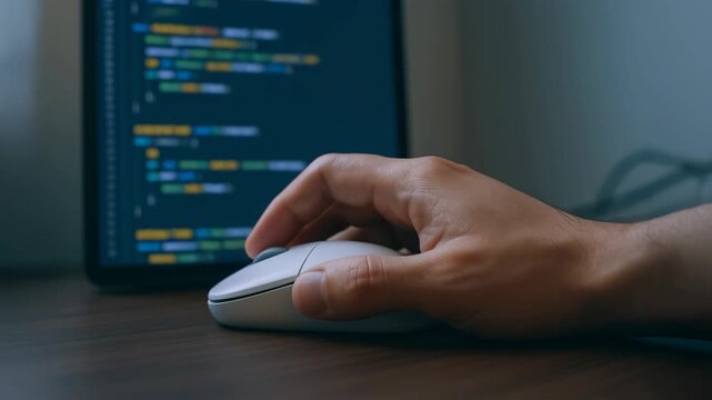 Programmer laptop code ai prompt driven coding workflow with hand on mouse focused desk workspace screen calm concentration
