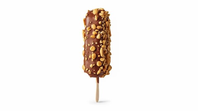 A rectangular, chocolate-covered dessert bar, studded with peanuts, impaled on a wooden stick, set against a stark white background