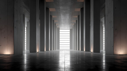 A long concrete hallway illuminated by sunlight from the door