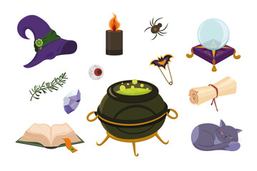 Halloween set. Witch cauldron with green potion, magic crystal ball and spellbook, wizard hat, black cat, creepy eye, black candle, ancient scroll