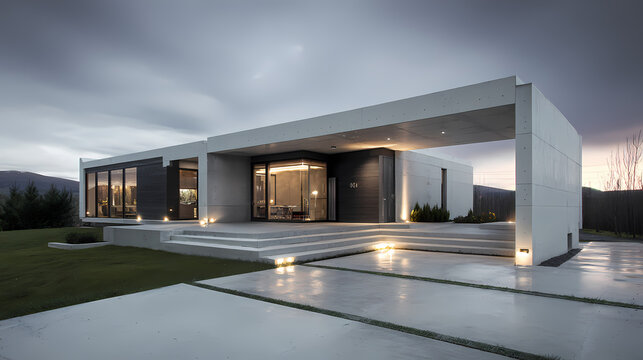 A modern architectural marvel showcases minimalist design with a concrete facade and expansive glass windows, epitomizing contemporary aesthetics