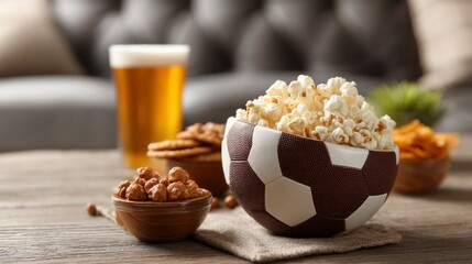 In a comfortable living room, friends gather around to enjoy a lively sports game on TV. Bowls of popcorn and other snacks sit ready, alongside chilled beer, creating a warm atmosphere for fun