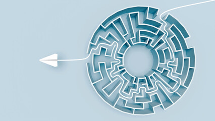 White paper plane emerging from complex maze with visible solution path trailing behind, symbolizing breakthrough success and strategic problem solving, 3d render