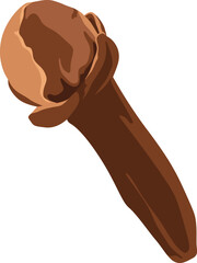 A single clove spice, depicted with a brown stem and a lighter brown bud, isolated on a white background.