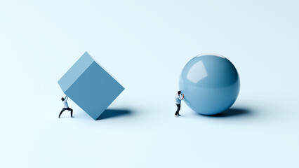One man pushing a sphere easily while another struggles with a huge cube, symbolizing strategy, efficiency, smart work, surreal minimal concept, 3d render