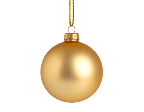A golden, spherical ornament suspended by a thin, golden cord against a black background