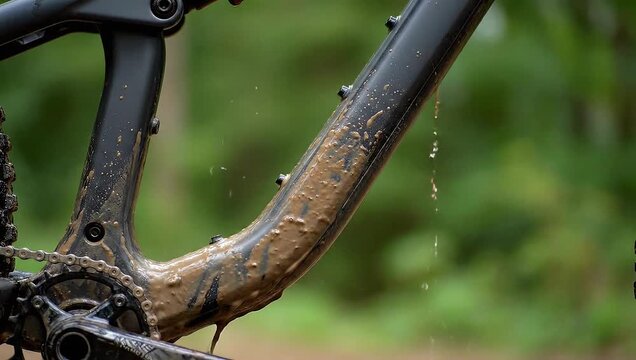 Close-up shot of a muddy mountain bike frame and suspension fork against a blurred green outdoor background.